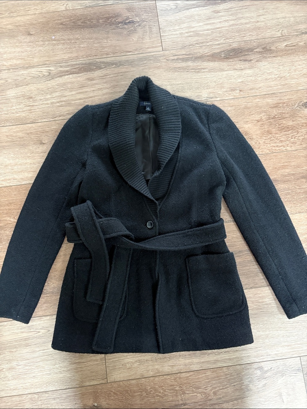 Lands' End Black Shawl-Collar Belted Wool-Blend Trench 100% Wool Wrap Coat